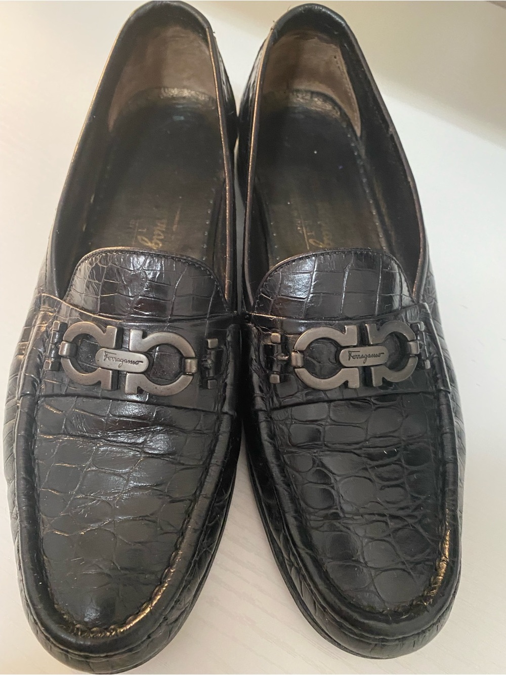 Salvatore Ferragamo Black Croc-Embossed Leather Bit Loafers